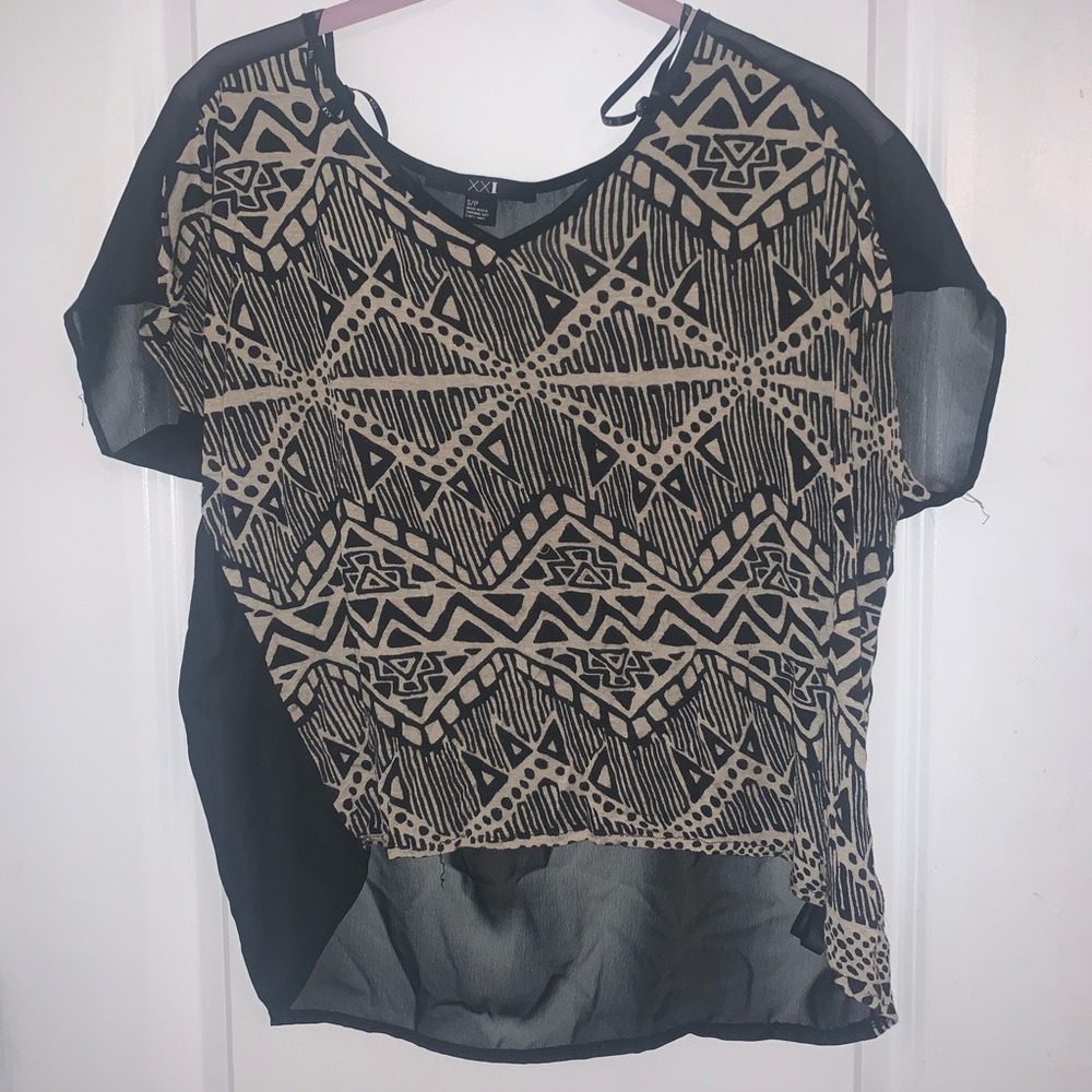 Black & Cream Aztec Print Top with Sheer Back